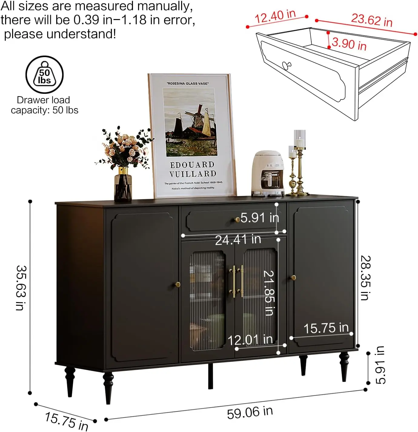 Buffet Cabinet,Coffee Bar Cabinet with 4-Doors 1 Drawer,Accent Kitchen Storage Cabinet Console Table with Adjustable Shelves,Kit