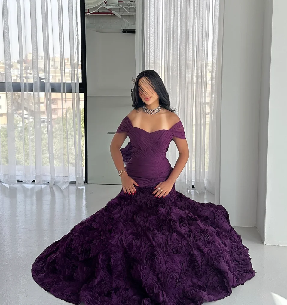 Vestido de noche morado Sexy, vestido de fiesta de sirena con hombros descubiertos, con cordones/cierre en la espalda, vestido de fiesta de flores hecho a mano de alta calidad