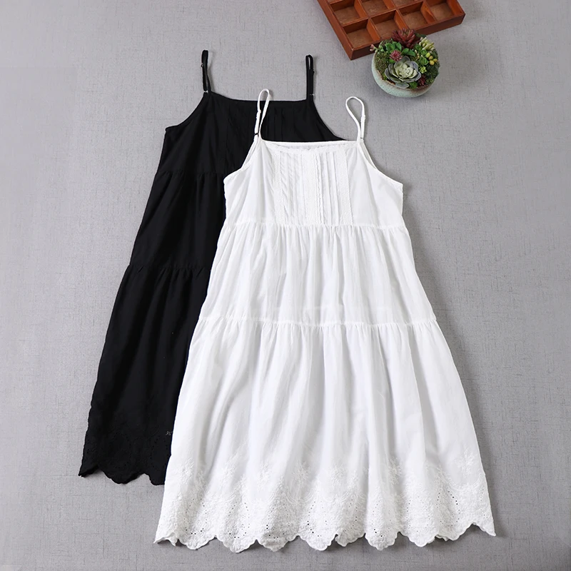 

Japanese Sweet Mori Girl Embroidery Spaghetti Strap Slip Dress Women Summer Solid Color Cotton A-line Underdress Tank Dresses