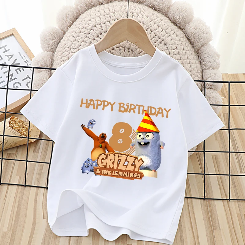 Kawaii Grizzly Lemmings TShirt Clothes Children Happy Birthday Numbers Clothing T-shirts Anime Summer Short Top Clothes Kid Gift