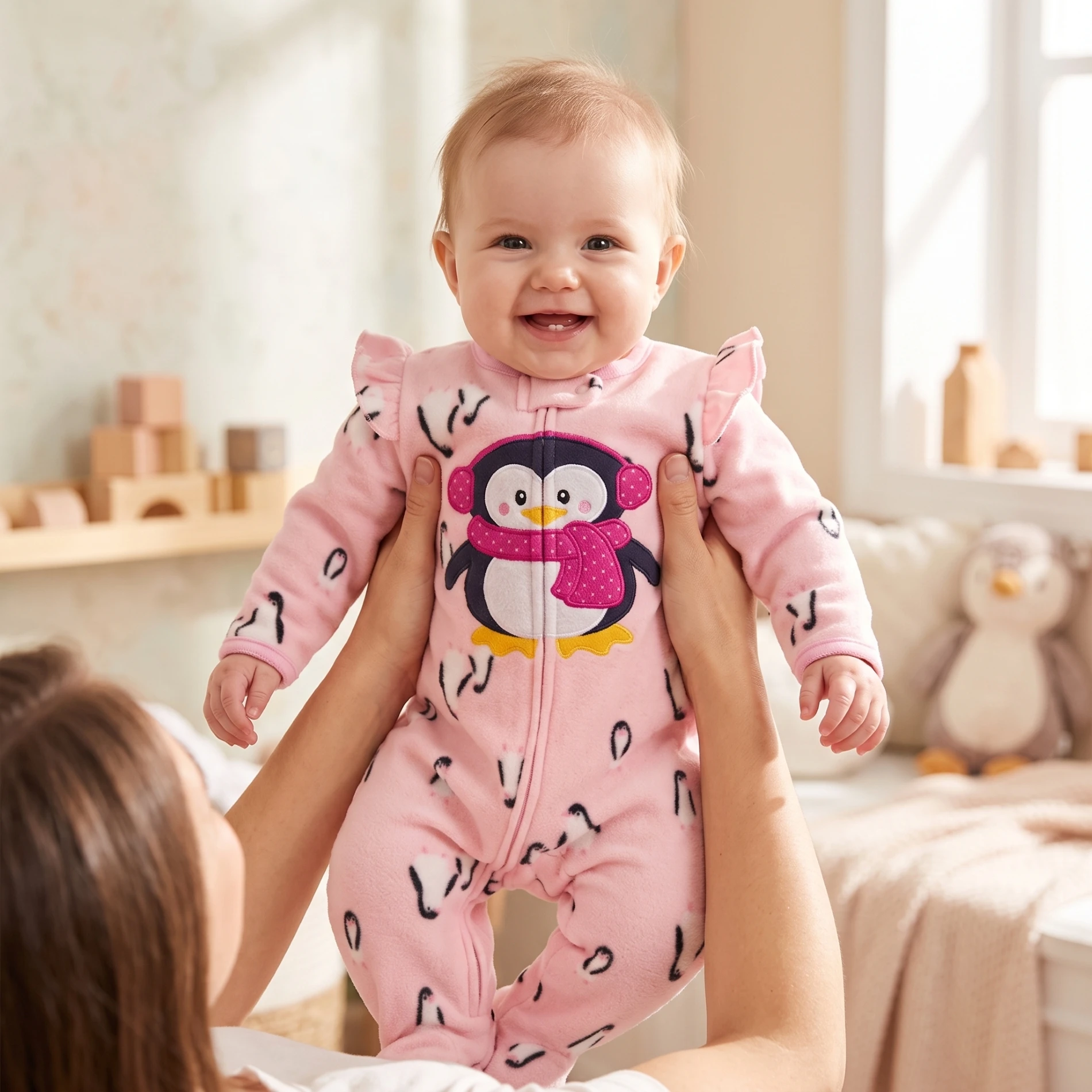 Baby-Mädchen Polar-Fleece Strampler mit Füßen, Herz-Polka-Dot-Druck, Niedliche Tier- und Buchstaben-Stickerei, Reißverschluss-Overall, Herbst-Winter-Babykleidung – Detail 3