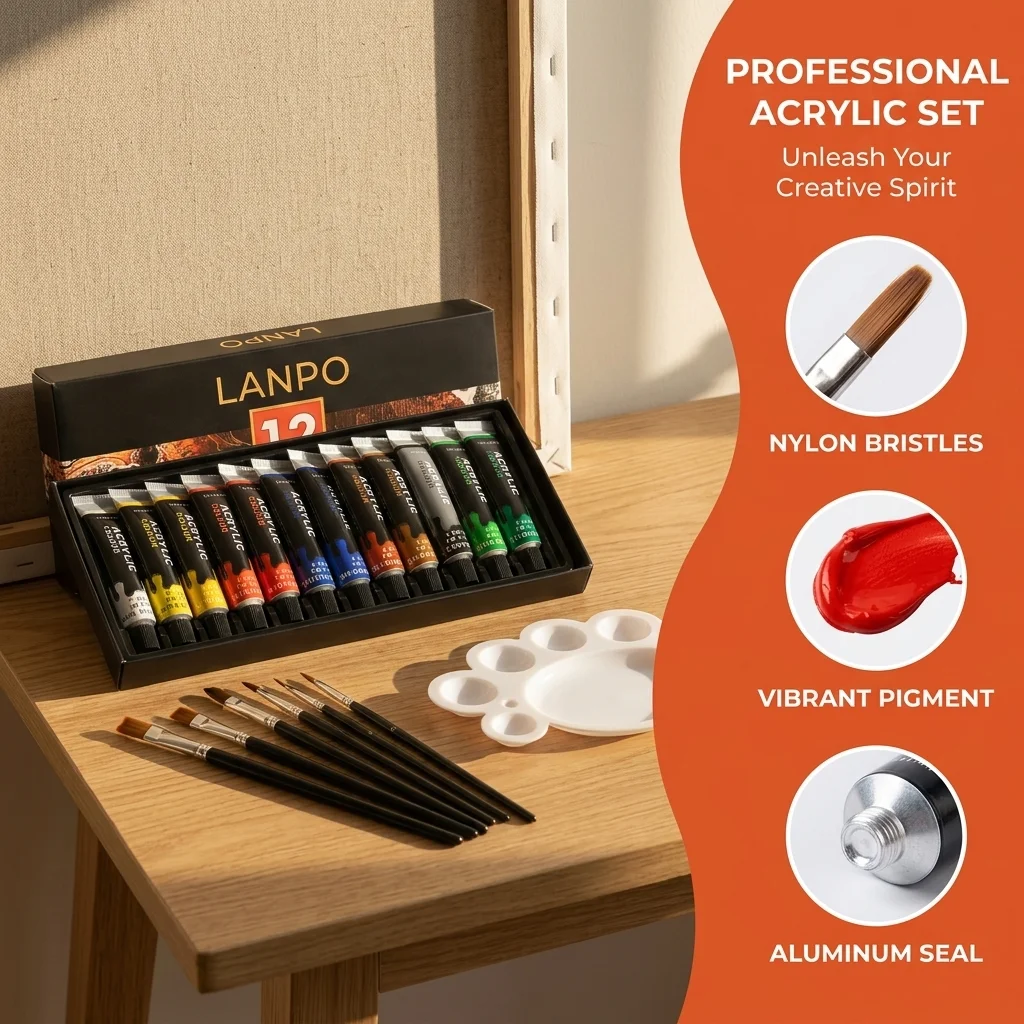 12 Colors Acrylic Paint Set, Professional Art Supplies for Canvas, Wood & Ceramic,Craft Kit for Students, Beginners & Artists