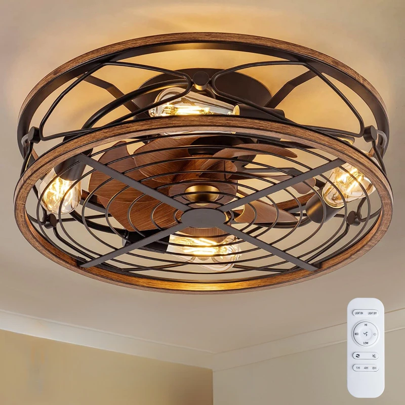 

20" Low Profile Caged Ceiling Fans with Lights and Remote Farmhouse Flush Mount 3-Speed for Kitchen Bedroom (Bulbs Not Included)