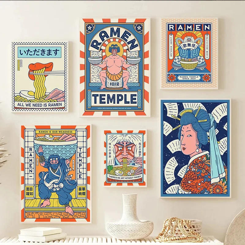 Japan Ramen Temple Octopus Sumo Kaiju Kabuki Cartoon Poster Canvas Painting Food Wall Art Pictures Kitchen Room Home Decor