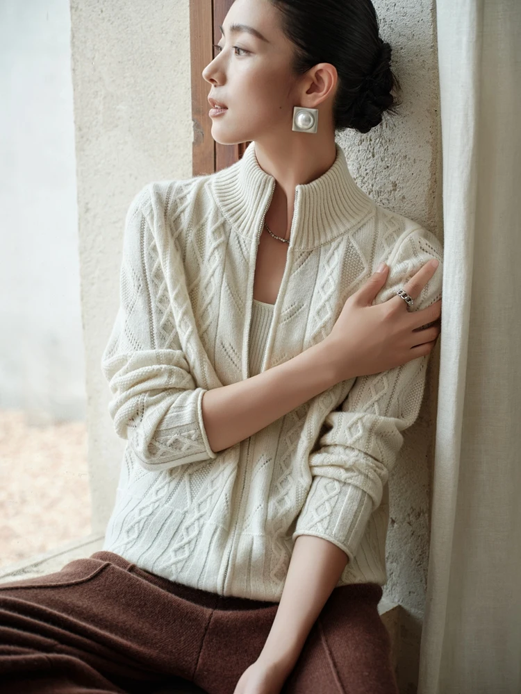 TLOML 우아한 여성용 100% 캐시미어 스웨터 목폴라 케이블 니트 지퍼 가디건 가을 겨울 오피스 레이디 캐시미어 니트웨어 코트