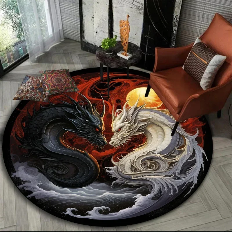 

Mythical Animals Round Area Rug–Tiger,Dragon Lion with Tree of Life Fantasy Carpet for Living Room,Bedroom or Meditation Space