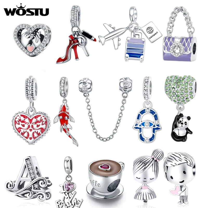 WOSTU Family Heart Charm High heels Mirror Makeup Pendant Bee Boy & Girl Charm Dreamcatcher Beads Jewelry Making Copper Zircon