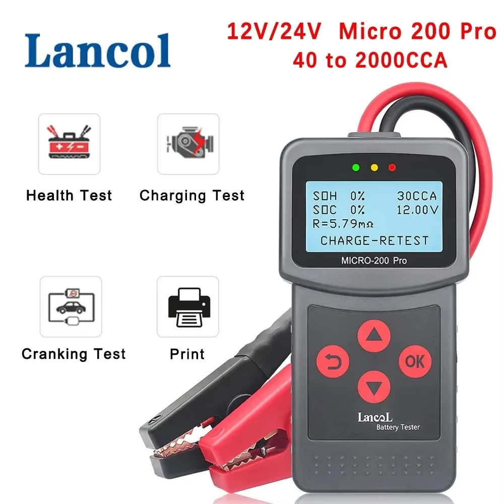 Lancol Micro 200 Pro 12V 24V Car Battery Tester 40-2000 CCA Cranking Charging Motorcycle Battery Analyzer Tools With LED Light