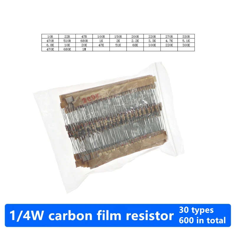 

Набор из 600 углеродных пленочных резисторов 30 типов, 1/4 Вт, с прямым монтажом, с четырехцветной маркировкой