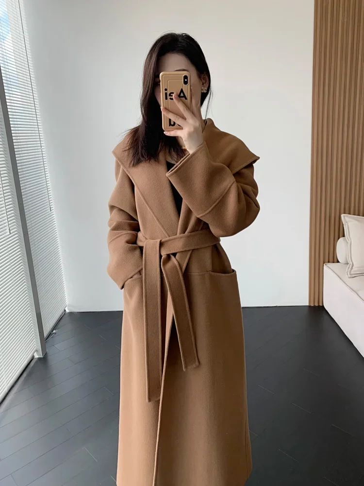 Fabio Hooded Bathrobe Style Lace Up Double-sided Woolen Woolen Coat Long for Women