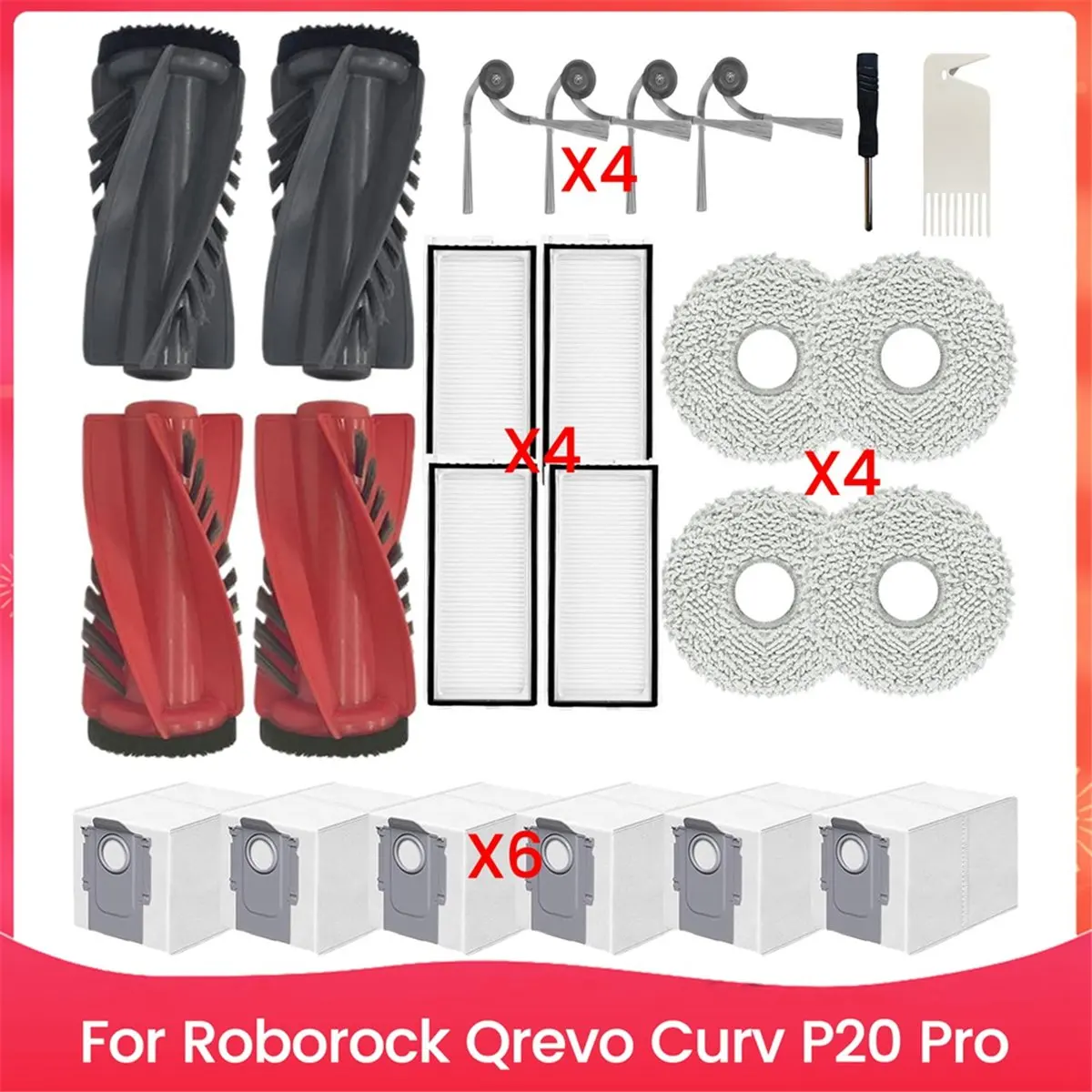 roborock-qrevo-curv、p20-pro掃除機用safメインサイドブラシ、hepaフィルター、モップクロス、ダストバッグ交換部品セット