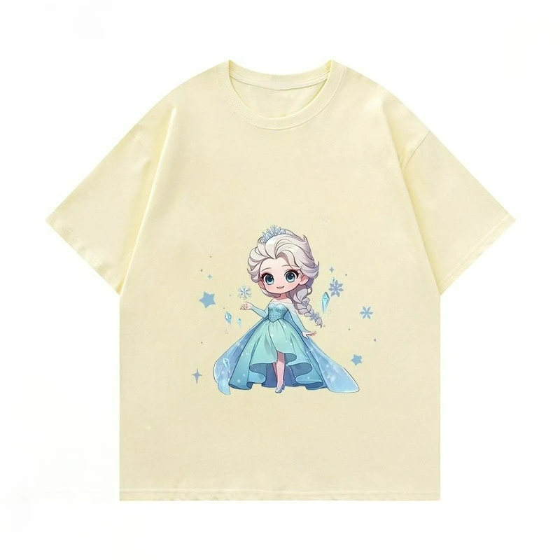 ديزني الأميرة إلسا الأطفال قصيرة الأكمام المرأة الصيف دعوى 2025 المرأة الجديدة عالية الجودة لطيف الرياح تي شيرتات قصيرة الاكمام