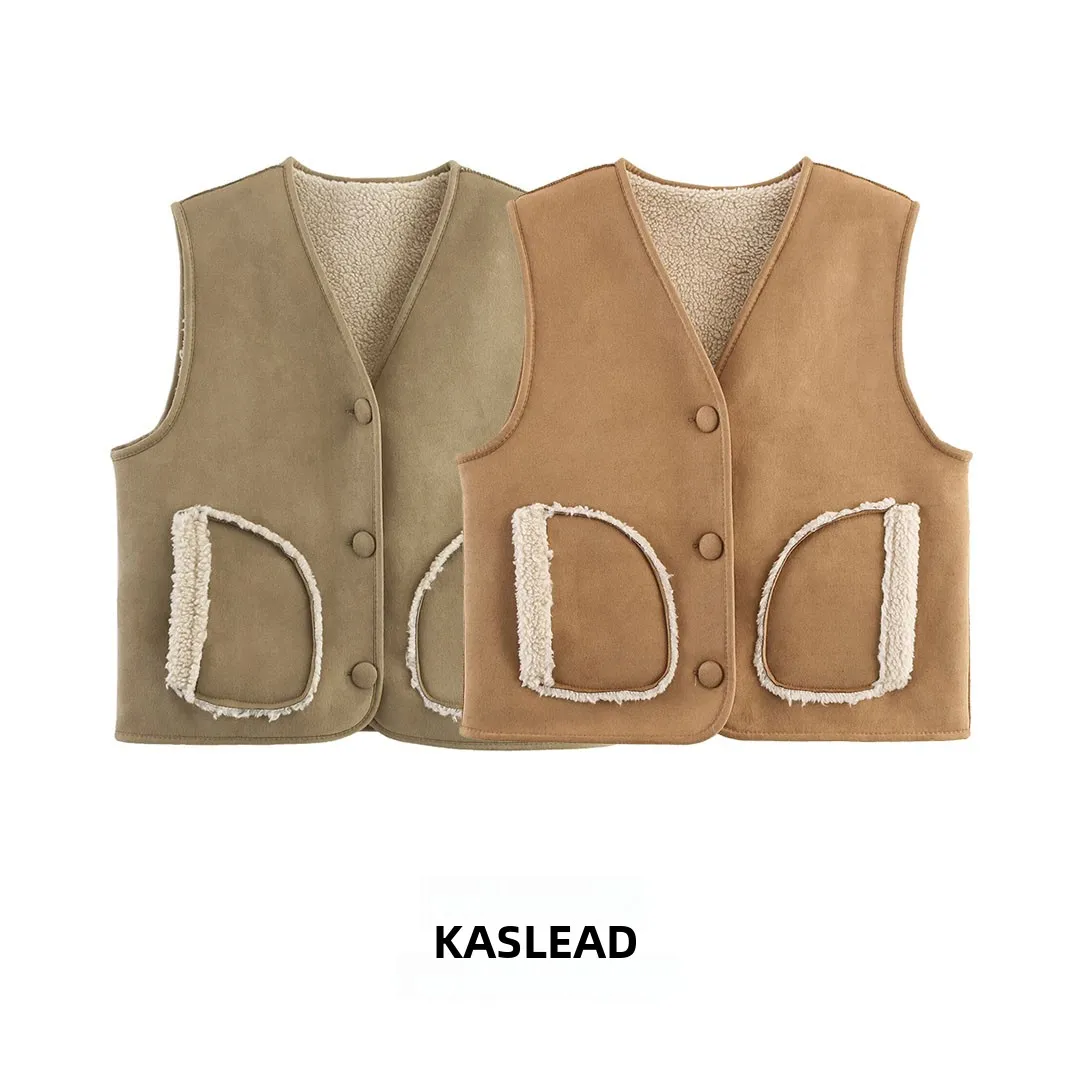 

KASLEAD New Women's Lamb Fur Vest with Diagonal ket V-ne Svel Street Sle Regular Length Single Button Closure
