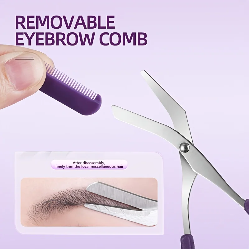 Dual-Ended Purple Eyebrow Trimmer Built-in Comb Purple Eyebrow Scissors Stainless Steel Precision Tool for Perfect Eyebrow