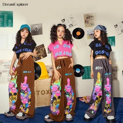 Girls Hip Hop Crop Top Loose Graffiti Pants Clothes Sets Kids T-shirt Cool Baggy Joggers Street Dance Costumes Child Streetwear