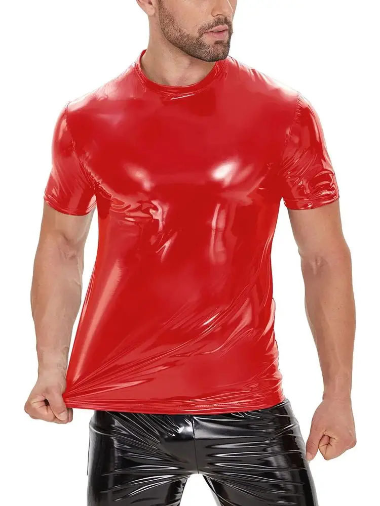 S-5XL Shiny Faux PU Leather Short Sleeve Wet Look PVC T Shirt Men Hip Hop Tshirt Tights Sexy Hot Shapers Muscle Bodybuilding Top