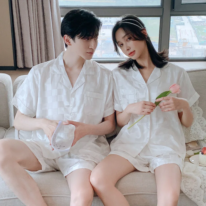 Solid Color Sleepwear Silk Satin Pajamas Couple Set Long Button-Down Pyjamas Suit Pijama Women Men Loungewear Plus Size Pj Set