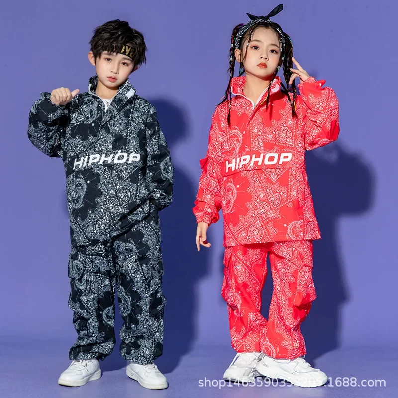 Boy Hip Hop Sweatshirt Joggers Clothes Sets Girls High Collar Paisley Top Cargo Pants Child Street Dance Kids Streetwear Costume