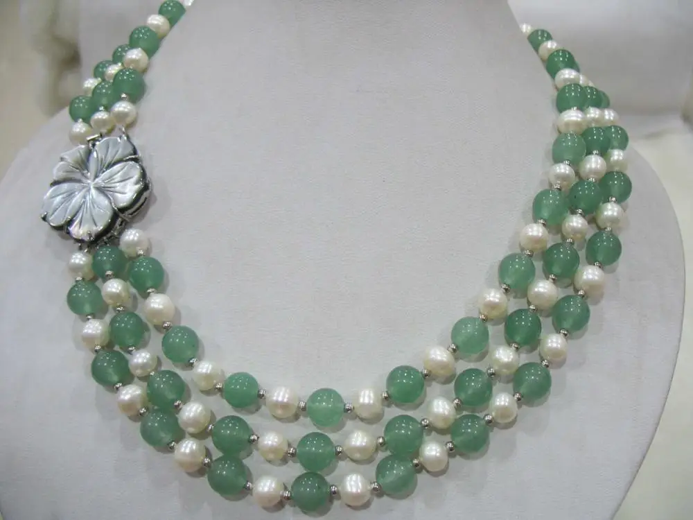 3rows freshwater pearl white and gren jade/coral/black agate round 17-19inch wholesale nature beads