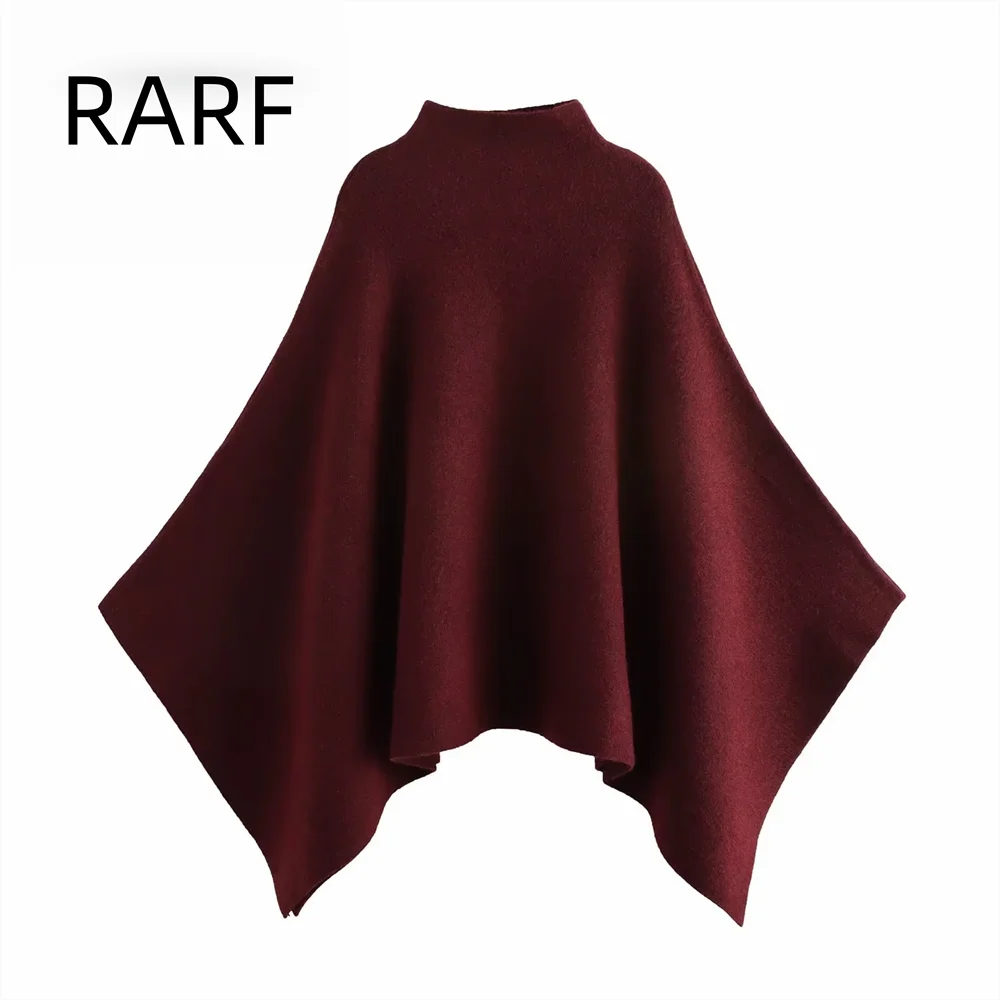 Small niche design asymmetrical wide pine stand collar wine red knit sweater cloak jacket women's winter