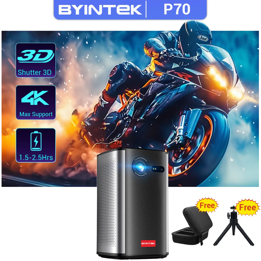 BYINTEK P70 Projector 4K 1080P DLP Mini Portable Projector Home Theater Smart Wi-Fi & Bluetooth for Movies & Gaming With Battery