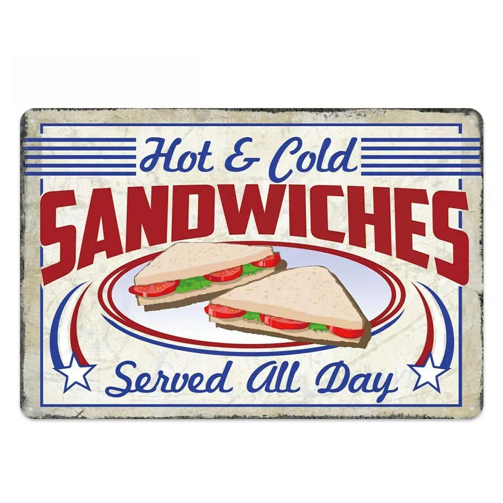 

Retro Design Hot and Cold Sandwiches Tin Metal Sign Wall Art | Thick Tinplate Print Poster Wall Decoration for Kitchen/Restaura