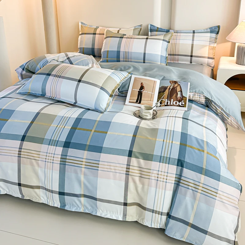 4PCS Blue Plaid Bedding Set Modern Geometric Grid Duvet Cover Set with Pillowcases Soft Breathable Bed Linen for All Seasons - view 3