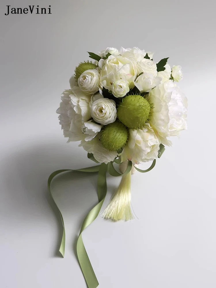 JaneVini 2025 Newest Design Spring Bridal Bouquets Green White Silk Roses Boho Artificial Wedding Flowers Bouquet Ramo De Novia