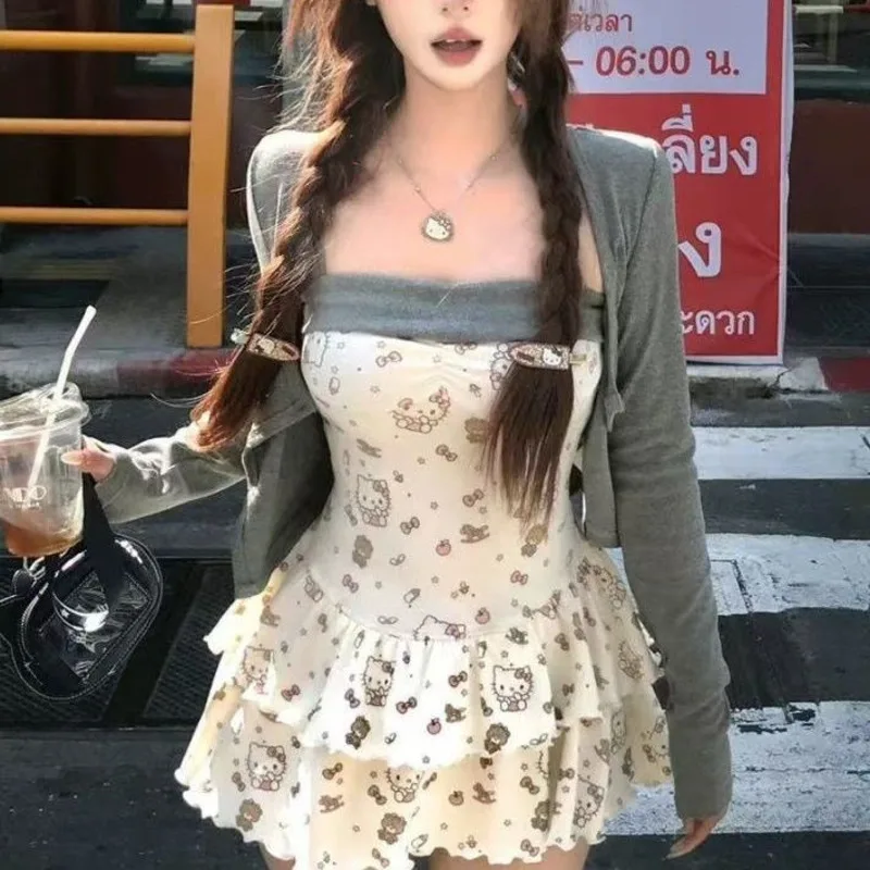 Set Rok 2 Potong Slim Fit Bunga Hello Kitty Manis Baru Musim Panas untuk Wanita Gaun Tali Gaya Elegan Bercinta Pinggang & Atasan Kardigan