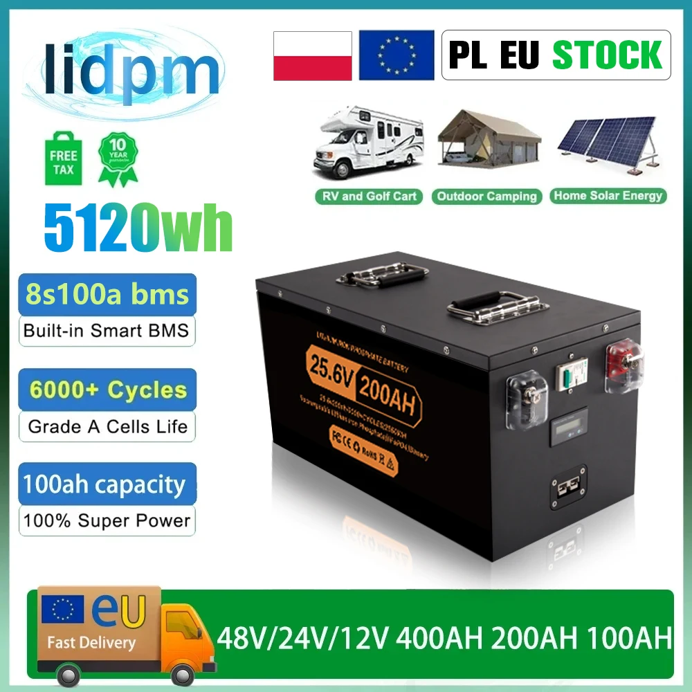 Batteria al litio 12V 24V 48V LiFePO4 100Ah 200Ah 400Ah Bluetoot integrato BMS 6000+ ciclico per inverter solare RV senza tasse