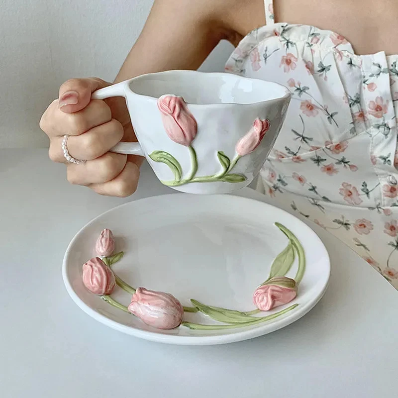 Flower Relief Coffee Cup Saucer Set,Ceramic Tea Mug,Water and Milk Drinkware,Kitchen Barware,Home Decoration,French Style