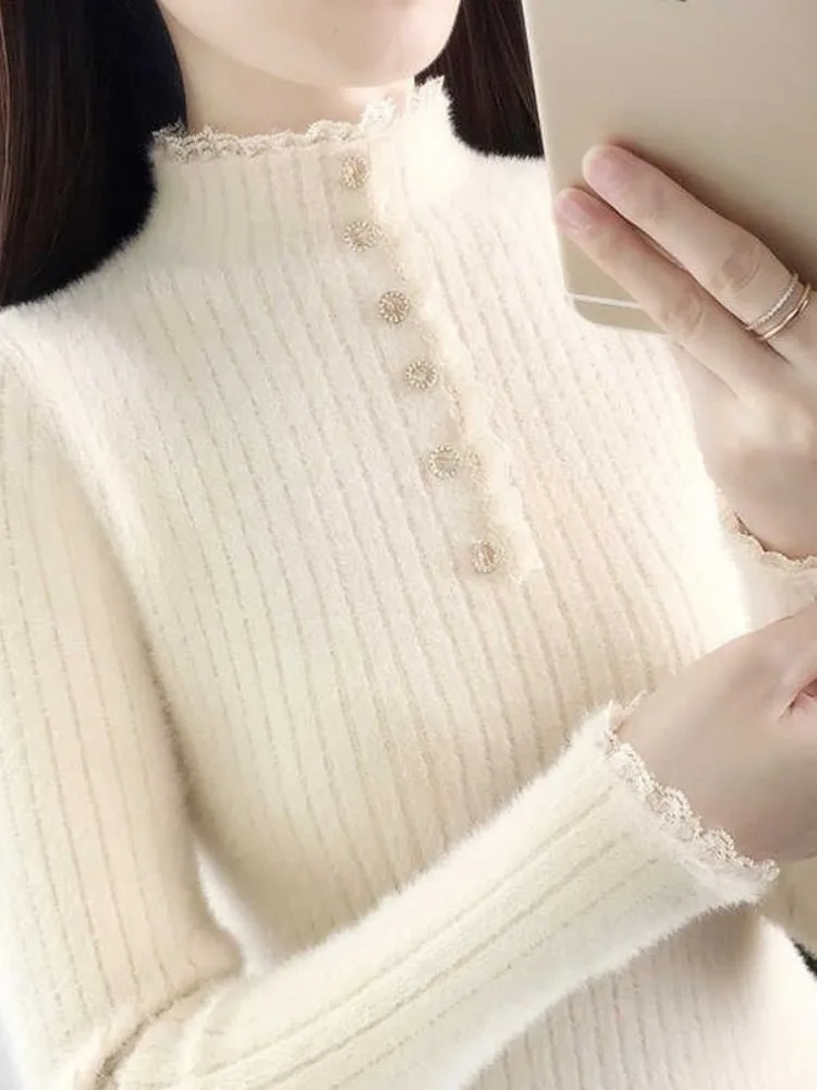 

Женский вязаный свитер с кружевными вставками и воротником-стойкой, базовая модель, модный, простой, универсальный, однотонный, для повседневной носки, свободного кроя