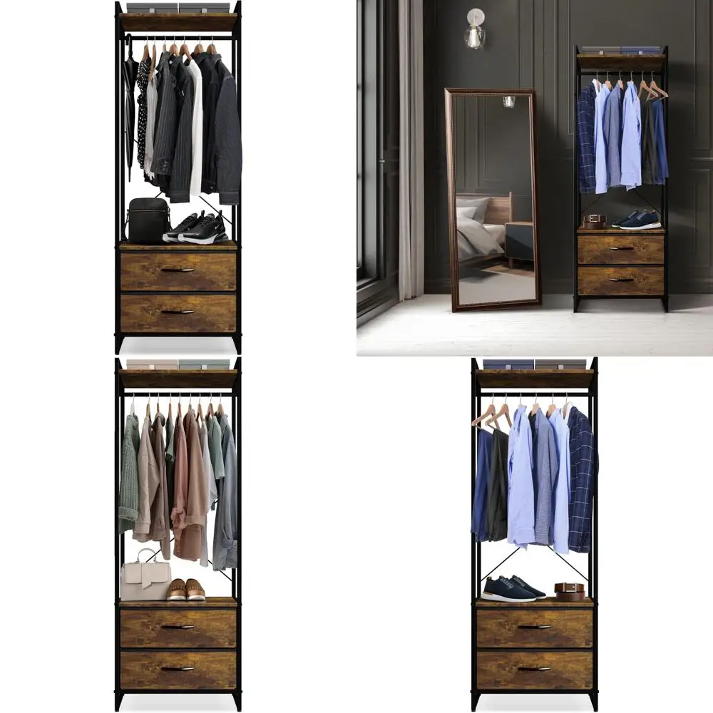 

Wooden Top Steel Frame Clothing Rack with Fabric Drawers - Tall Closet Storage Organizer Dress Stand