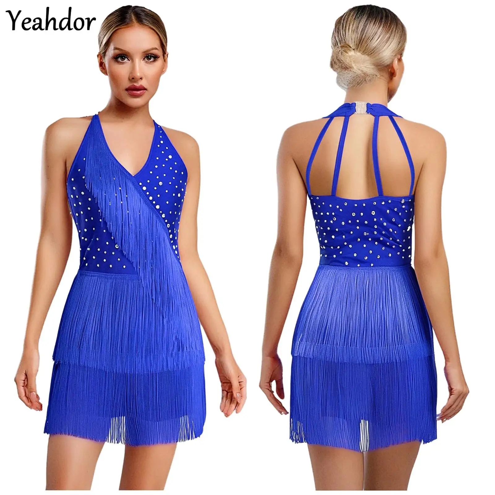 

Women Tassel Latin Dance Leotard Jumpsuit Halter Sleeveless Rhinestone Fringed Bodysuit Figure Skating Tango Salsa Jazz Dancewea