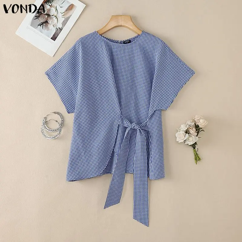 

Fashion VONDA Plaid Women Blouses Short Sleeve Summer Female Blouse Lace-up Irregular Tops O Neck Tee OL Work Streetwear