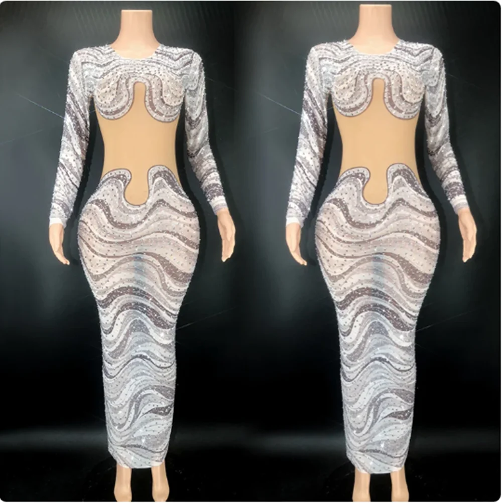 Abstract Printing Stretch Dress Party Birthday Celebrate Rhinestone Evening Dresses Festival Clothing Singer Stage Costume