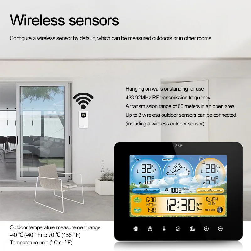 Imagem -03 - Estação Meteorológica sem Fio Digital Termômetro Higrômetro Interior Touch Screen Temperatura Medidor de Umidade Previsão do Tempo