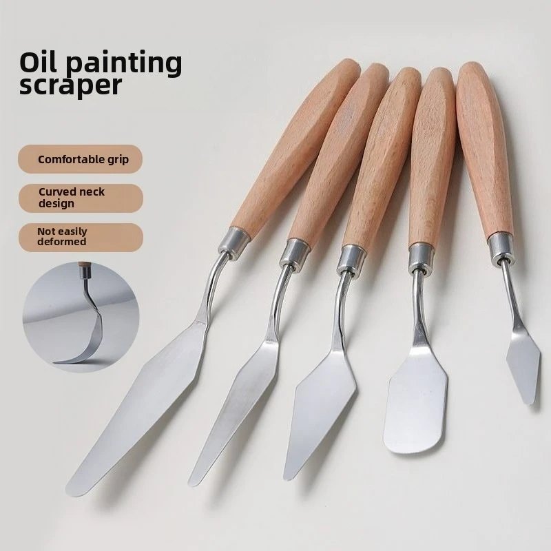 High end wooden oil painting stick scraper, stainless steel watercolor pigment scraper, relief scraping tool