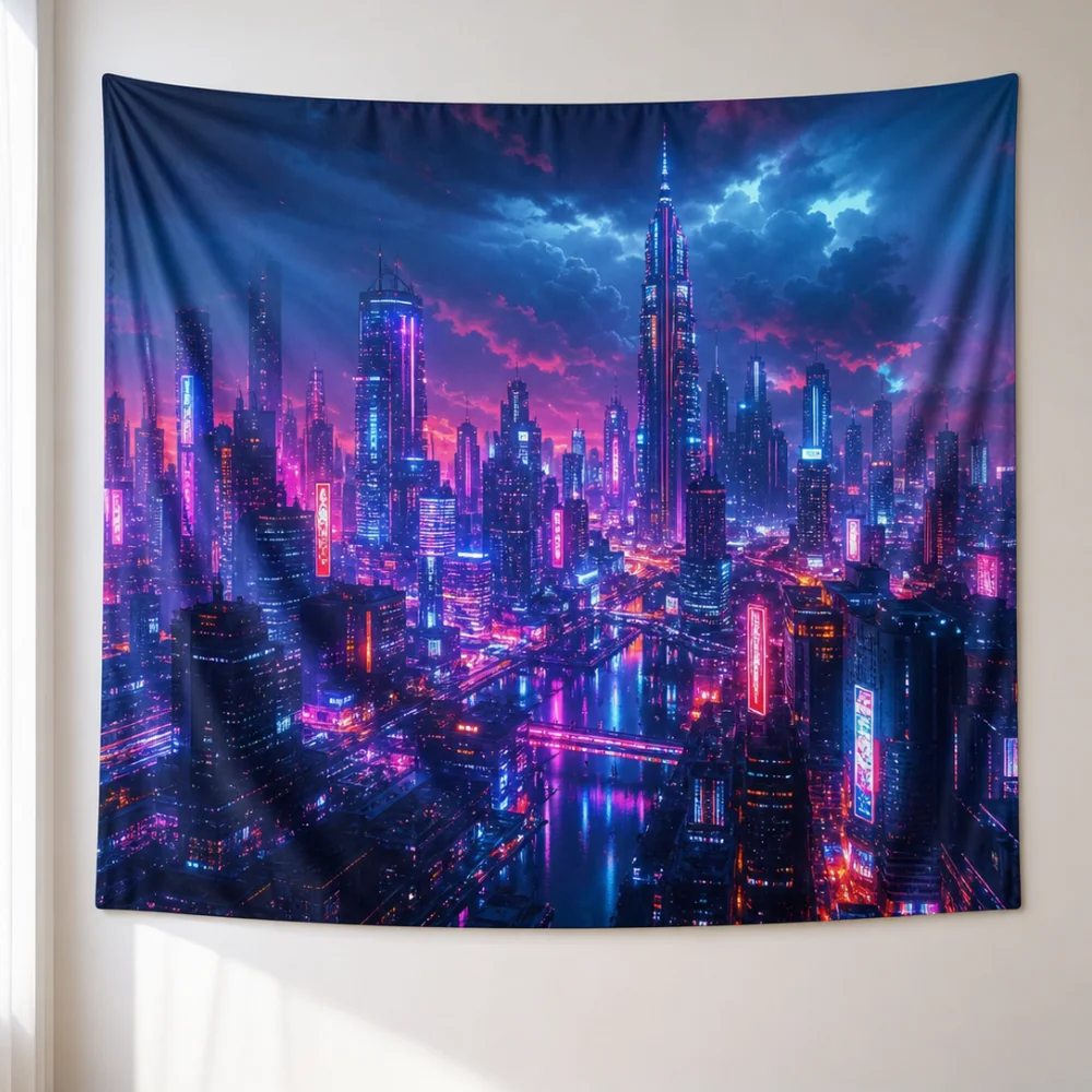 Purple Blue Wave Light Sci Fi City Anime Printed Tapestry 150X100CM Bedroom Trendy Cool Future Style Wall Background Fabric