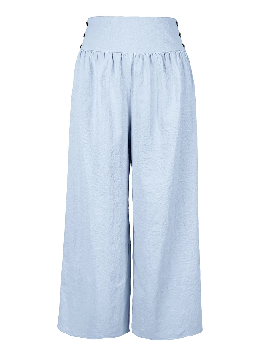 Hochgeschnittene Weite Palazzo-Hose für Damen, Lose Plissierte Hose mit Knopfdetails, Bohemian Casual Lange Hose, Elegante Modehose – Detail 3