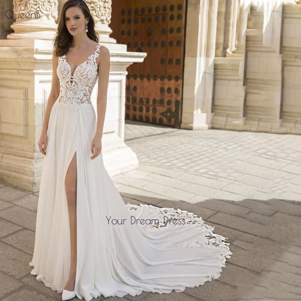 Sexy V-Neck Wedding Dress Side Slit Sweep Train Backless For Women Bridal Gowns High Quality Bohemian Robe De Mariee Country