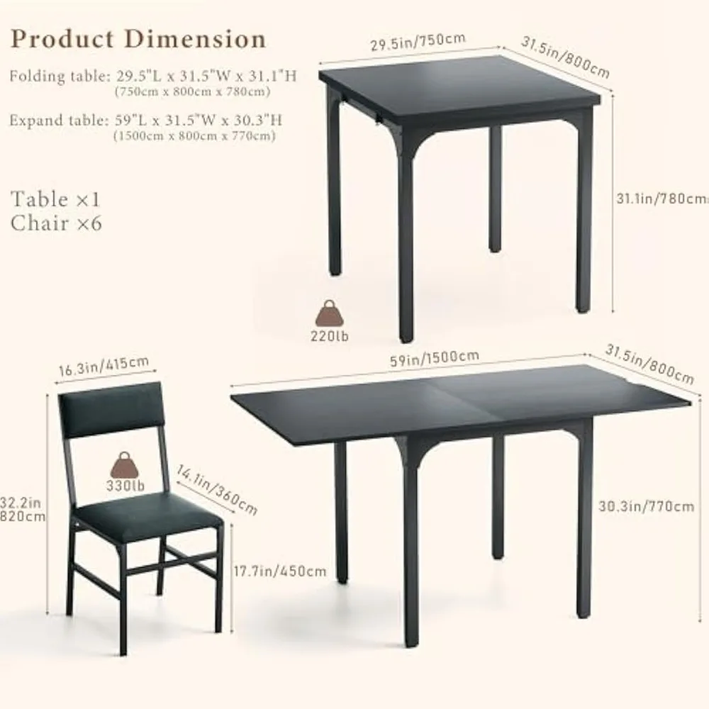 7-Piece Dining Table Set for 4-6, Extendable Kitchen Table Cushion Chairs Set of 6 with 6 Chairs, Rectangle Dining Table image 5