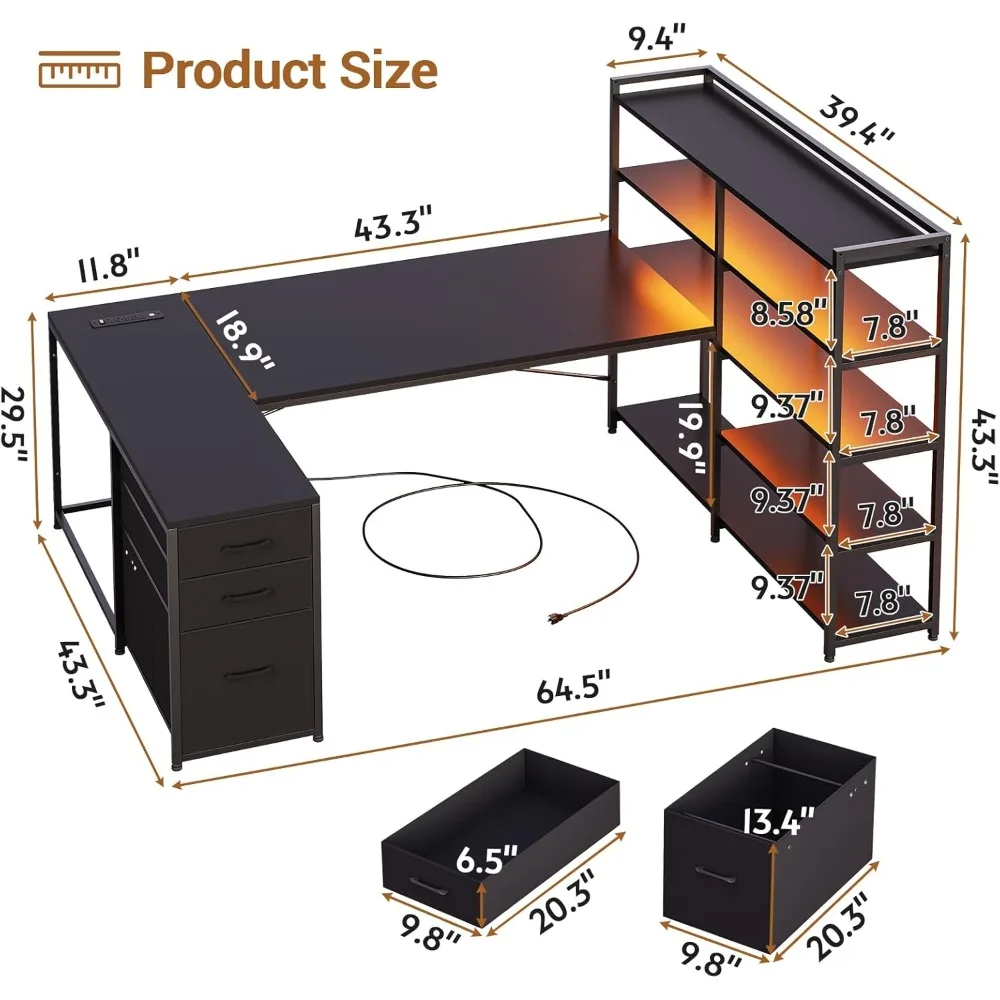 مكتب ألعاب على شكل حرف L، مكتب كمبيوتر على شكل حرف U قابل للعكس مع مخرج طاقة وأرفف تخزين، أضواء LED لمكتب الألعاب الزاوية #2