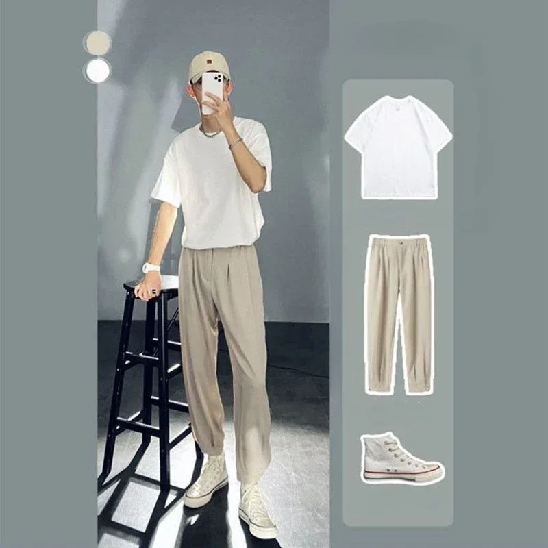 Plain Male T Shirt Trousers Sets Khaki Gym Sportswear Men's Pants Set Nylon Casual Luxury Stylish Chic Regular Fit Slim Baggy Xl