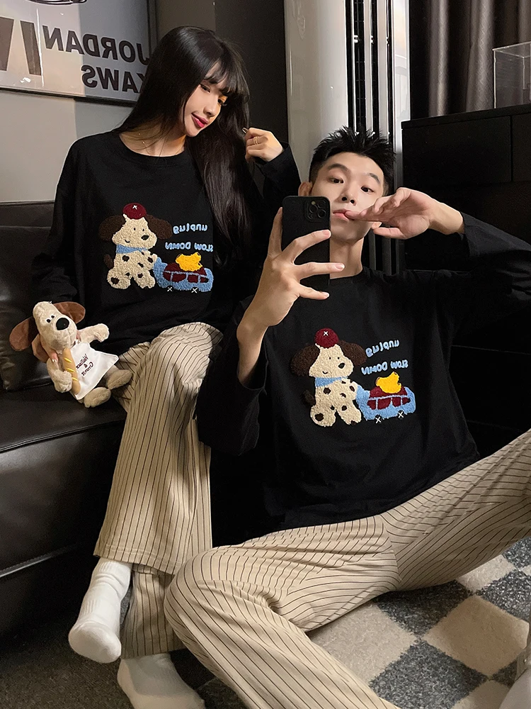 DAIMELU cartoon couple pajamas women's spring and autumn sleepwear cotton long-sleeved round neck men's loungewear suit nighty