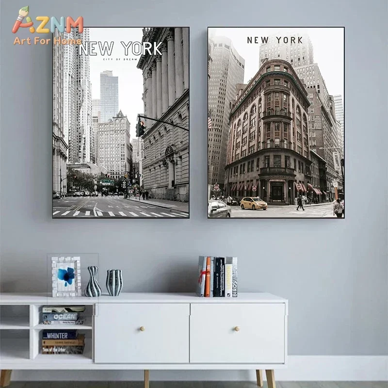 AZNM Vintage New York City Street Architecture Canvas Wall Art, Black White Urban Landscape Taxi Unframed Print For Living Room