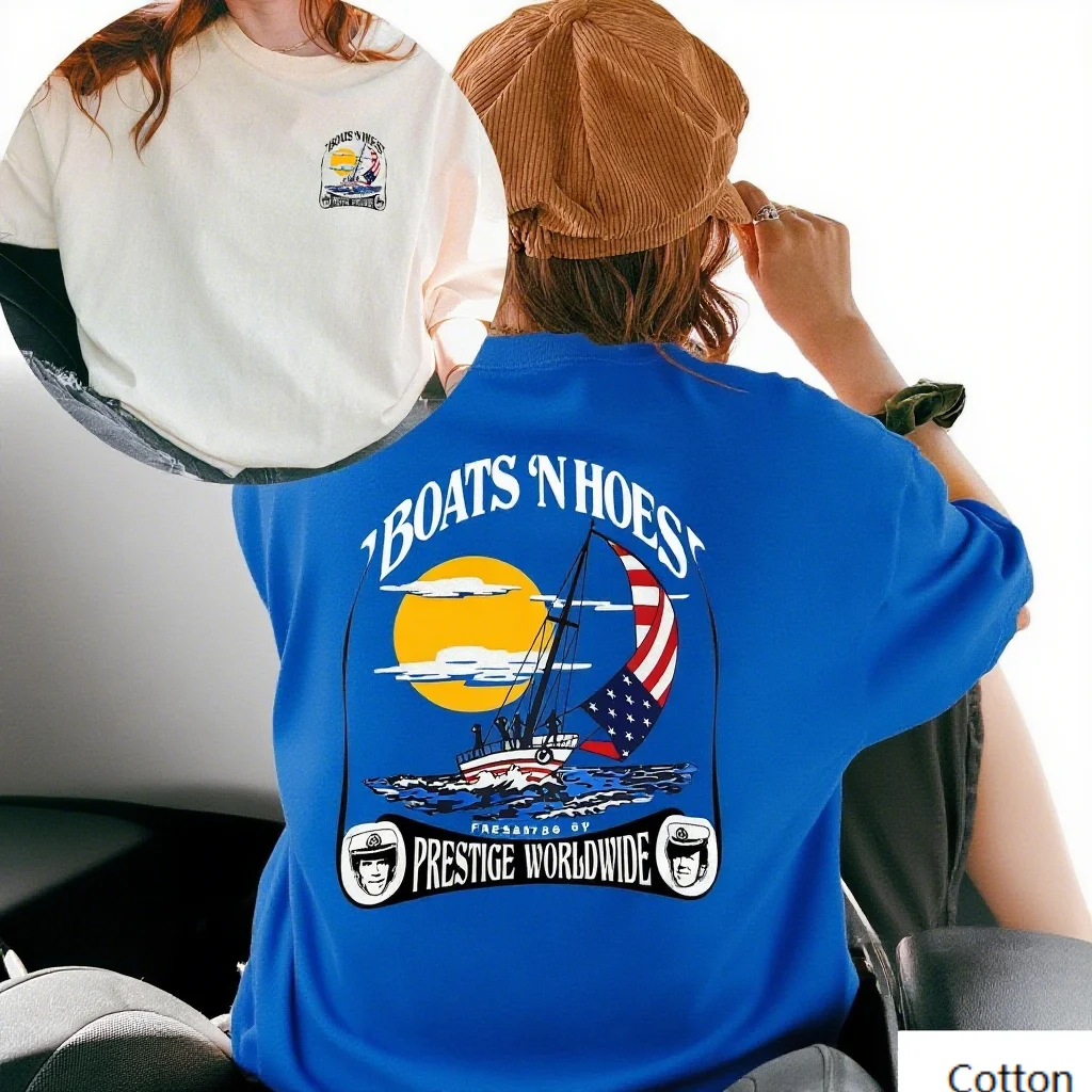 تي شيرت قطني مطبوع عليه Boats N Hoes Prestige Worldwide مستوحى من العلامة التجارية العصرية المطبوعة تي شيرت من القطن الخالص بأكمام قصيرة للجنسين