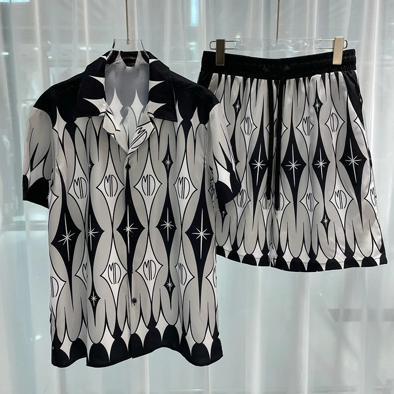 

2025 Hawaiian Shirt Suits Summer Men Shirt Set 3d Print Vintage Silver Dragon Pattern Beach Short Sleeve Casual Shirt Oversize