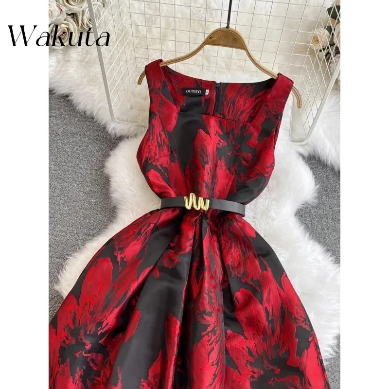 WAKUTA New Summer Jacquard Dress Women's Sleeveless Tank O Neck Vacation Floral Print Belt Ball Gown Long Robe Vestidos