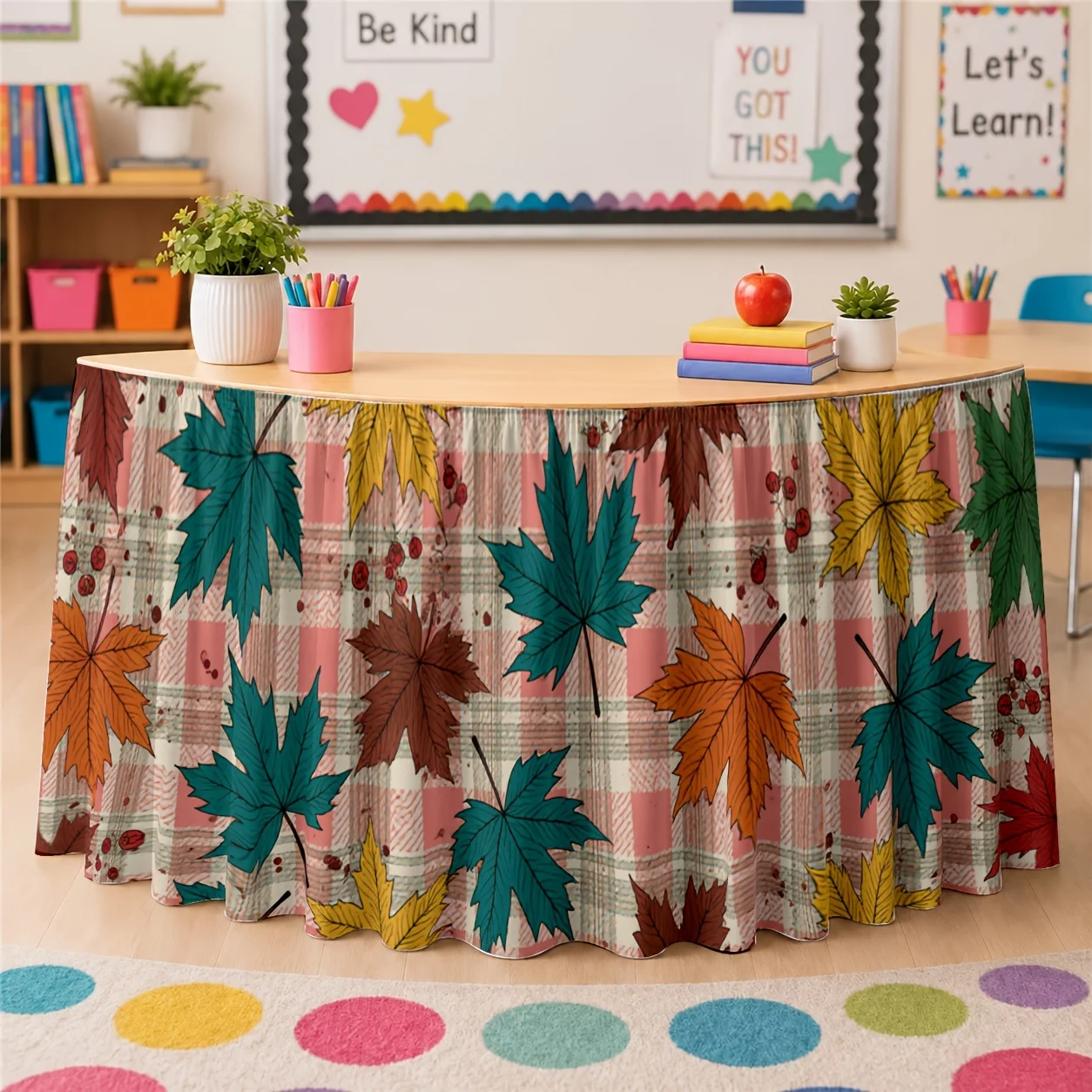 Table skirt / tableskirt, autumn, maple leaves, check pattern, cozy, family gathering, Thanksgiving Dayzyc